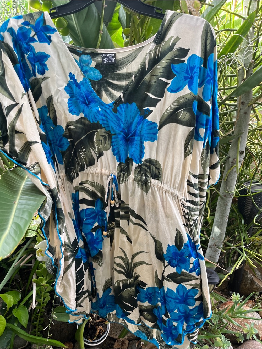 Blue Floral V-Neck Drawstring Beach Dress